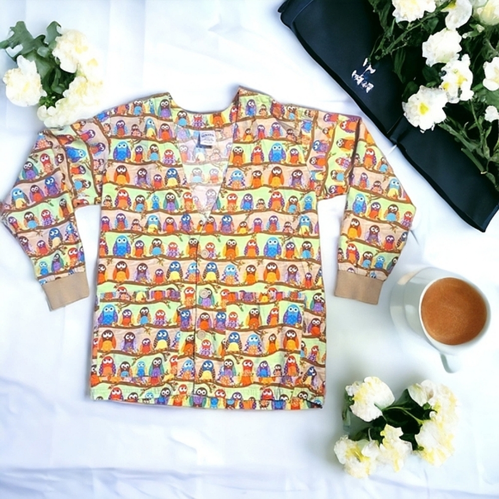 S.C.R.U.B.S. Women's Long Sleeve Button Up Owl Print Scrubs Top Size Medium
